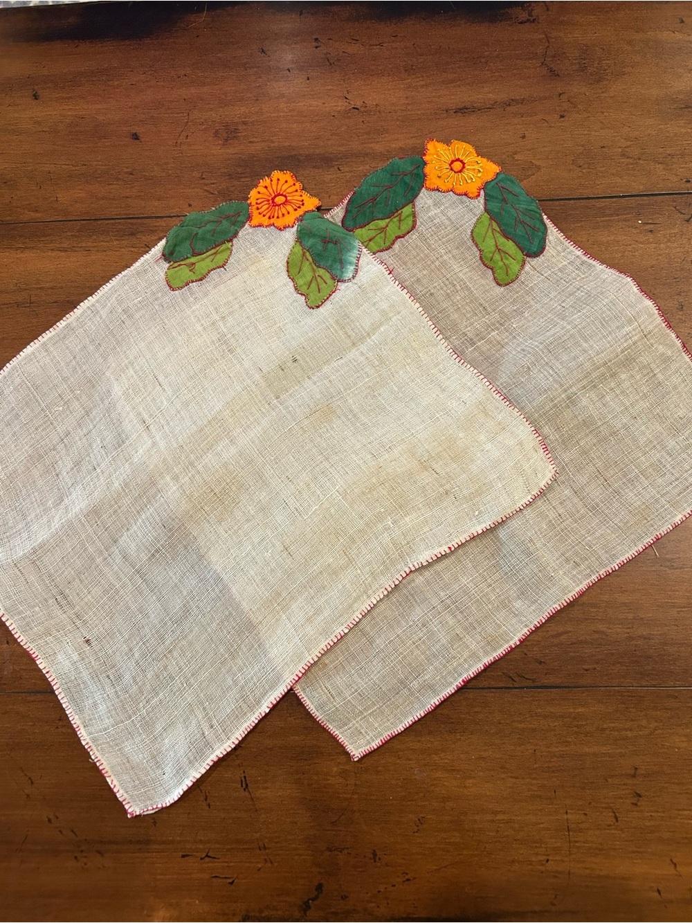 2 Vintage Hand-Embroidered Floral Linen Napkins - Orange & Green